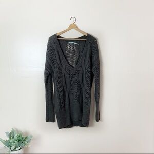 [Kimchi Blue] Dark Brown V-neck Open Knit Mohair Long Sleeve Tunic Sweater